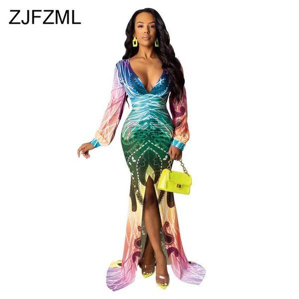 

tie dye side split sexy русалка платье женщин v шеи bodycon maxi платье плюс размер длинные рукава высокой талией длина пола платье, Black;pink