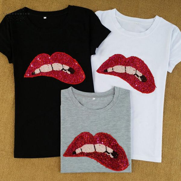 

2019 polyester t shirt new fashion woman clothes new women sequins round neck lips short sleeved camisetas mujer drop shipping, White