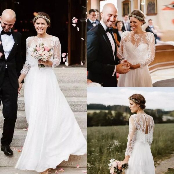 

a-line wedding dresses lace chiffon country wedding dresses with long sleeves floor length backless bohemian bridal gowns, White