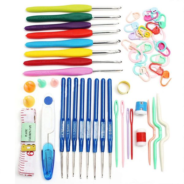 

new set of 16 soft grip handle aluminum crochet hooks knitting needles case, Black