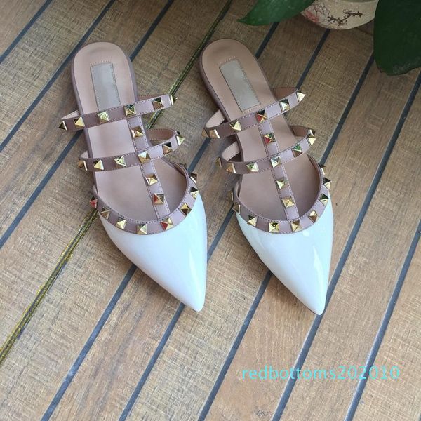 

women flat slippers slip on mules rivet t-strap slides slip on loafers ladies pointed toe 2-strap with studs sandals q-592 r10, Black