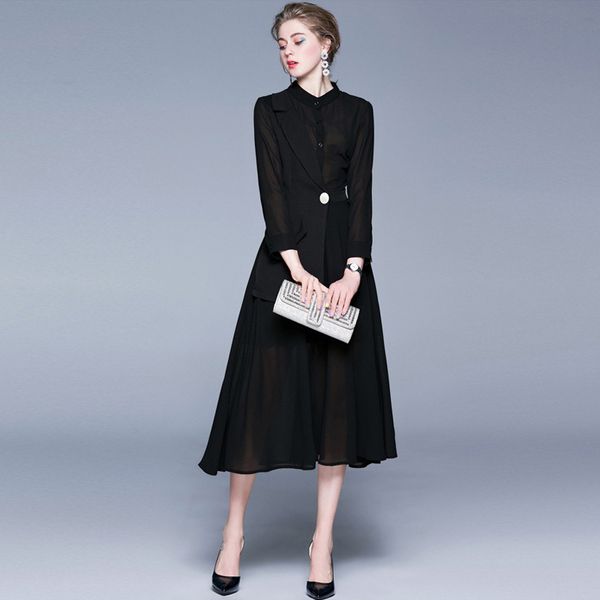 

evening dress light mature women's standing collar long sleeve black chiffon long dress spring dress chiffon, Black;gray