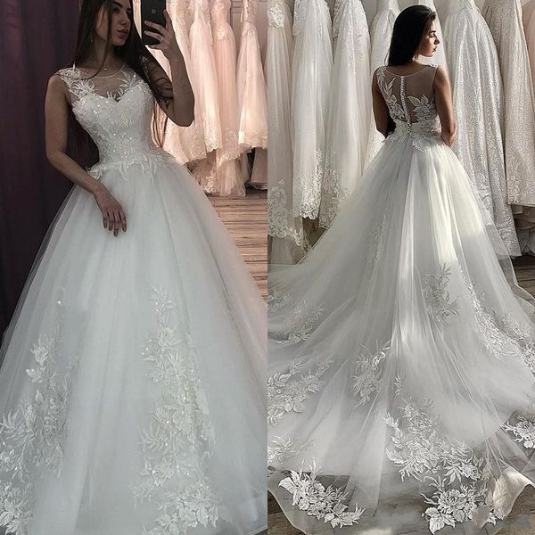 

new modern arabic puffy wedding dresses jewel neck lace appliques sequined sleeveless button back plus size a line formal bridal gowns, White