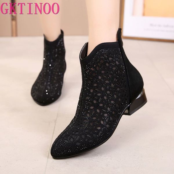 

gktinoo fashion rhinestones gauze sandals summer new mesh boots genuine leather women's shoes hollow boots large size 40-42, Black
