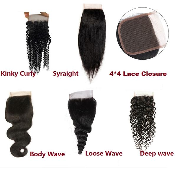 

brazilian virgin hair handmade 4*4 lace closure 100% human hair 8-20inch straight body wave deep wave kinky curly loose wave hair extension, Black;brown