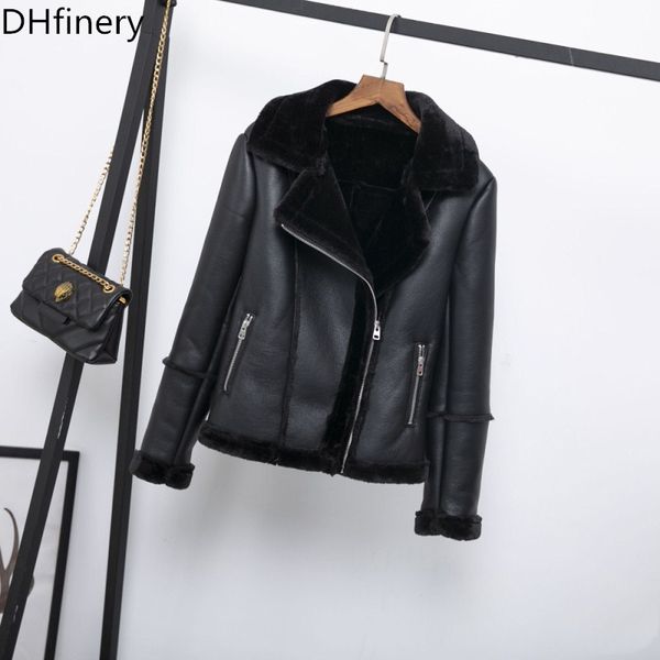 

dhfinery winter suede leather jacket short lamb wool motorcycle jacket thick lambs wool warm coat 1333, Black