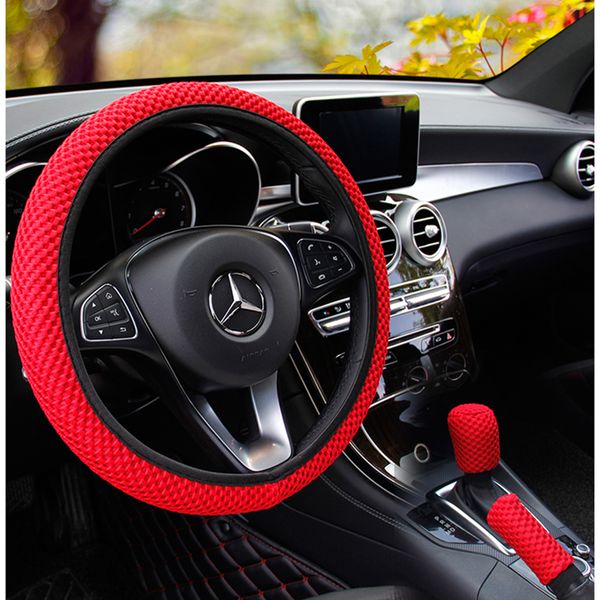 

kkysyelva 3pcs new leather car steering wheel cover red 38cm diameter universal size car inner accessories auto wheel covers
