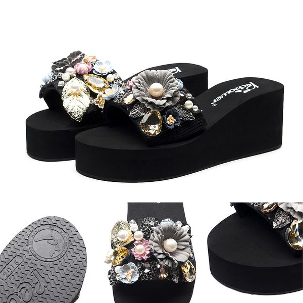 

platform wedges slaps women shoes crystal floral thick bottom outdoor slippers beach shoes bohemia style beach woman drop, Black