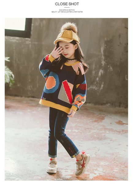 

new autumn korean style long-sleeved fashion pattern jacquard sweater+long section jeans casual set suits for teenage girls, White