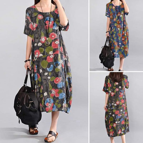 

плюс размер цветочные midi женщин платья лета sundress zanzea 2020 кафтан повседневный o образным вырезом с коротким рукавом vestidos женски, Black;gray