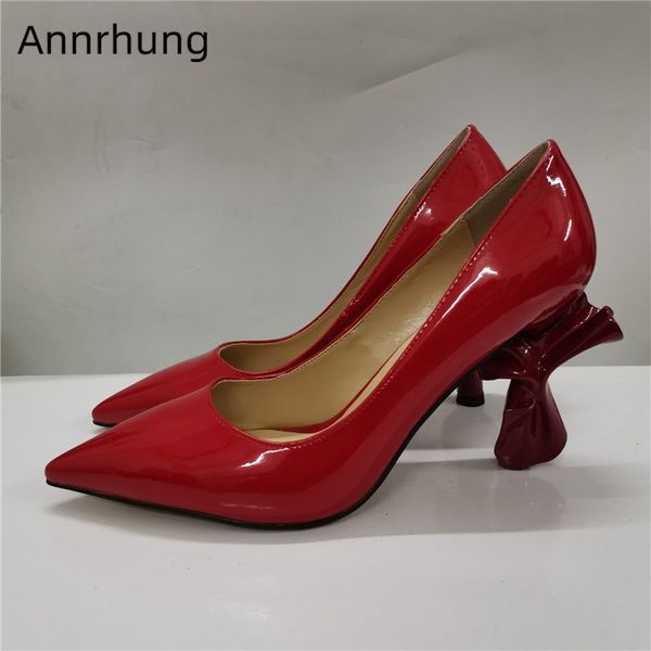 

red patent leather high heel shoes woman pleated strange heel pointed toe shallow pumps women spring shoes zapatos mujer, Black