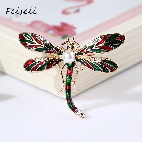 

feiseli colorful crystal rhinestone dragonfly insect brooch for women sweater garment artificial pearl lapel pin corsage gift, Gray