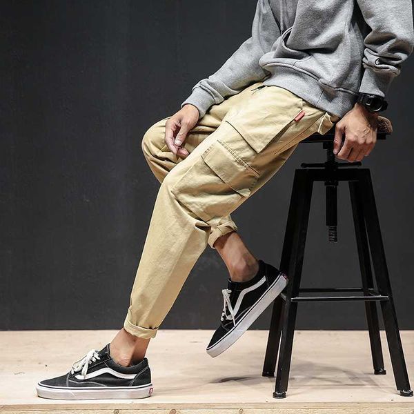 

side pockets cargo pants men color patchwork casual jogger fashion tactical hip hop trousers tide harajuku streetwear, Black