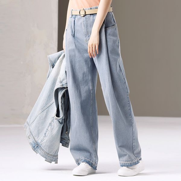 

n6070 korean version of pinched straight tube wide leg high waist jeans trousers, Blue