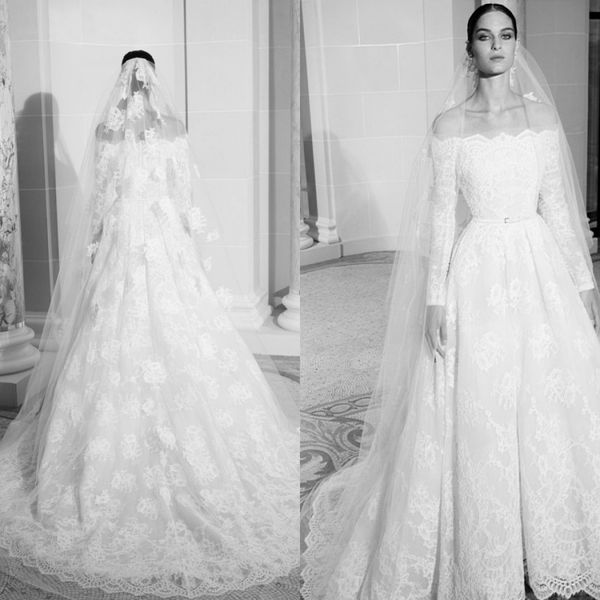

2019 elie saab wedding dresses off shoulder backless bridal gowns long sleeves lace country wedding dress cheap, White