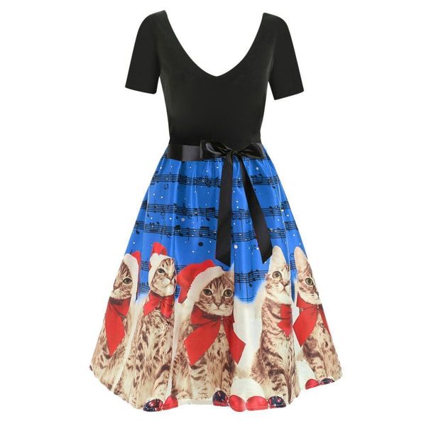 

new style fashion women dress christmas party backless print cat bow patchwork short sleeve v neck casual dress, Black;gray