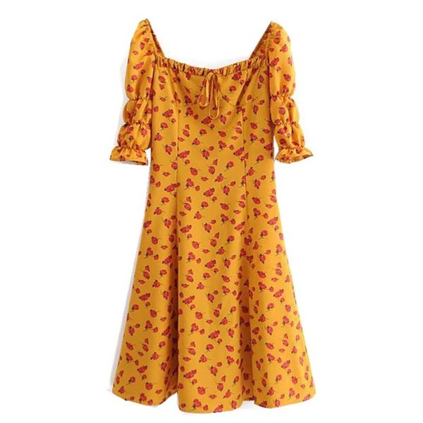

2019 women stitching wood ears puff half sleeve slim mid-calf dresses retro rose flower print orange hem split dress, Black;gray