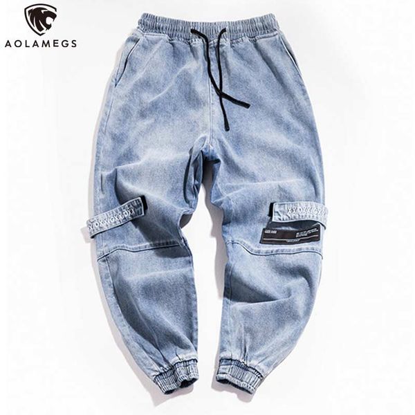 

aolamegs jeans men fashion letter embroidery denim pants men drawstring elastic waist jeans trousers high street cargo pants, Blue
