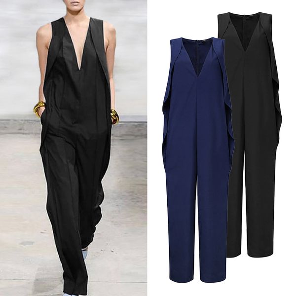 

elegant jumpsuits 2020 vonda summer sleeveless women's rompers casual loose solid pants bohemian overalls femme s-5xl, Black;white
