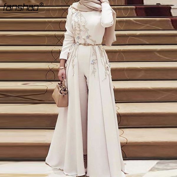 

2019 muslim evening dress long sleeves satin pantsuit lace beads detachable hijab illusion islamic dubai saudi arabic prom dress, White;black