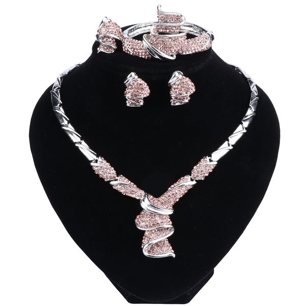 Neue Mode Afrikanische Frauen Silber Farbe Hochzeit Schmuck Sets Dubai Vintage Kristall Halsketten Armband Ring Ohrringe Schmuck