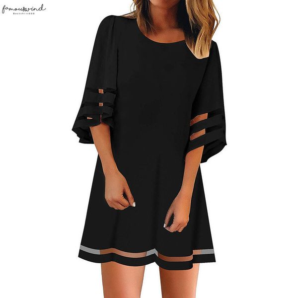 

womens o neck mesh panel blouse 3 4 bell sleeve loose shirt dress plus size three quarter sleeve dress, Black;gray