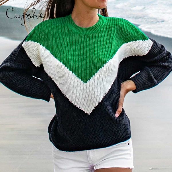

cupshe navy white and green colorblocked sweaters women casual loose long sleeve knitted 2019 autumn winter female pullover, White;black