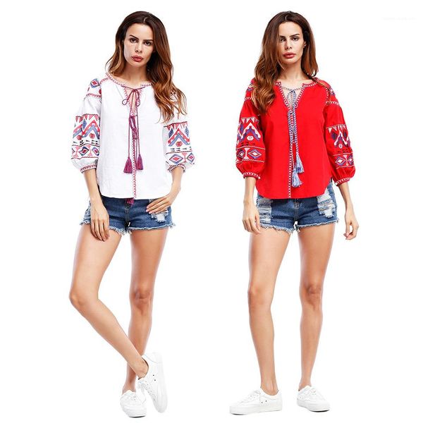 

designer bandage tshirts v-neck puff sleeves summer spring women bohemian flower, White