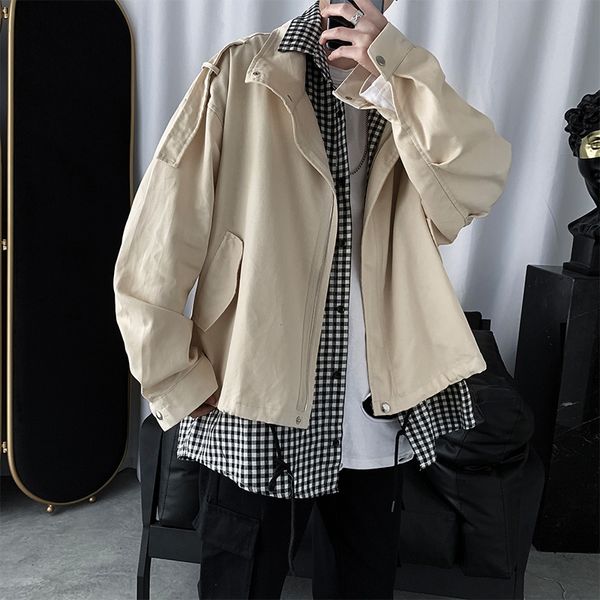

spring fake two-piece jacket men's fashion plaid stitching casual jackets mens streetwear wild loose hip hop bomber jacket men, Black;brown