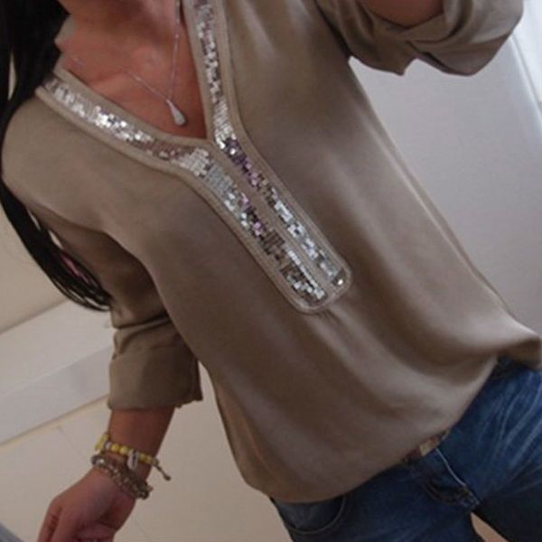 

ladies summer blouse 2019 new women v neck chiffon shirt summer long sleeve white blouses sequins plus size 5xl