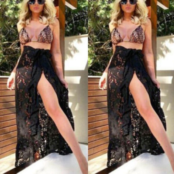 

skirts goocheer arrival boho summer women bikini cover up sheer beach maxi wrap skirt sarong pareo bandage beachwear, Black