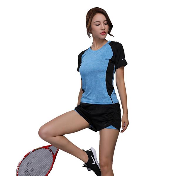 

women yoga sets quick dry double layer shorts +running clothes short sleeve shirt outdoor sports fitness gym tennis suit w101-5, Black;blue