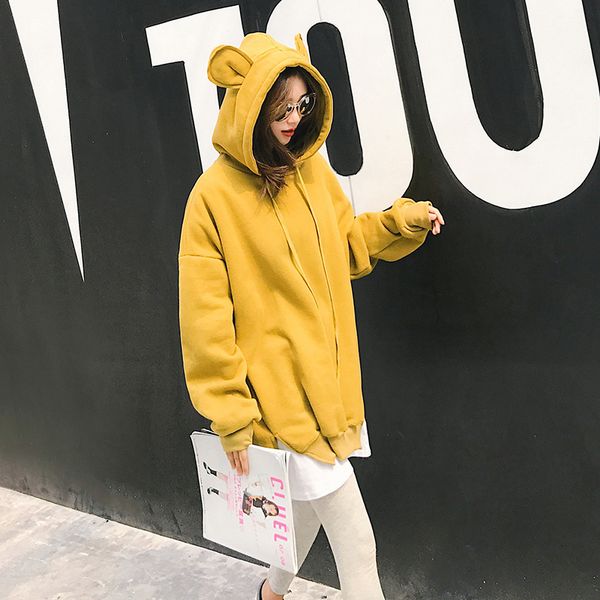 

3 colors womens hoodies oversize long sleeve sweatshirts cute bear ears design hoodies plus velvet casual loose pullover fake 2pcs, Black