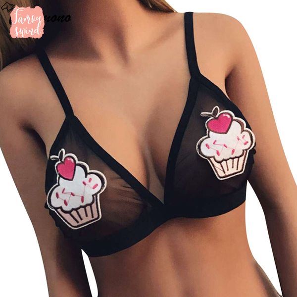 

lovely funny women crop bandage patch in embroidery mesh bustier bralette sheer triangle unpadded bra cropped ice cream, White