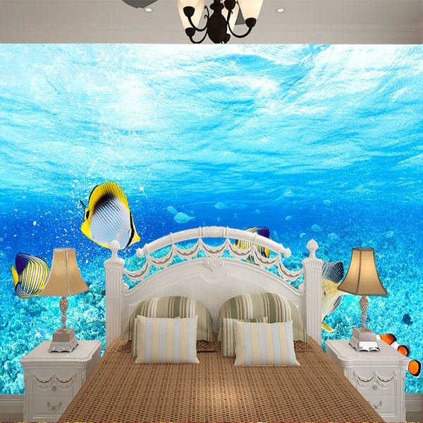 

custom large mural wallpaper blue deep ocean fish wallpaper for kids bedroom wall background baby playground house wall decor