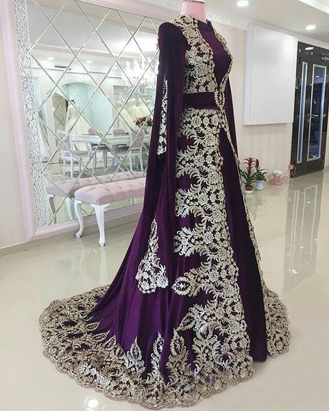 Novo Marroquino Caftan vestidos de noite com apliques lace elegante dubai abaya árabe roxo vestidos de noite vintage ocasião especial vestido de baile