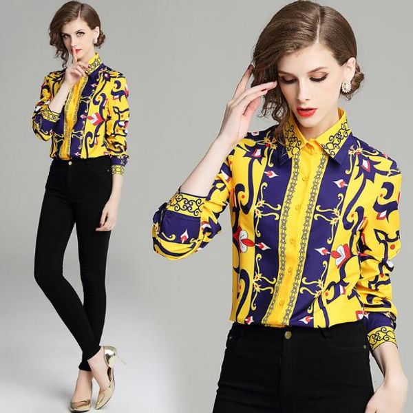 

new fashion women's print fit long sleeve all over lapel shirt, White
