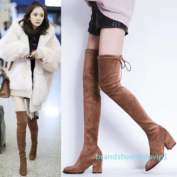 

midland knee length boots 2019new european and american leather round headed thin legged elastic boots high heeled thick heeled martin boots, Black