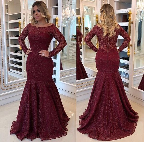 

modest burgundy mermaid beaded evening dresses bateau neck long sleeves formal dress floor length plus size sequined prom gowns, Black;red