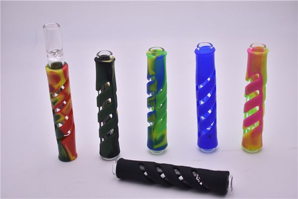 Mini filtro da viaggio in silicone per esterni Tubo a vapore a mano in vetro One Hitter Glass Pipe Filtro per tabacco secco all'aria portatile