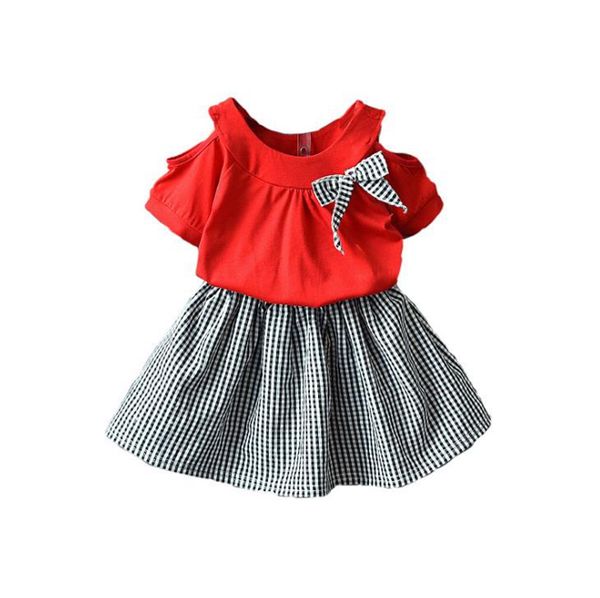 Criança Girl Clothes Off Shoulder Red Tops saia xadrez 2pcs Conjuntos de manga curta Crianças Meninas roupas de verão do bebê Roupa DW5258