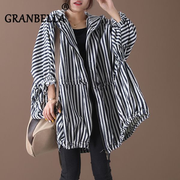 

women's hooded cardigan outwear 2019 autumn new plus size striped coat jackets chic sun protection poncho, Black;brown