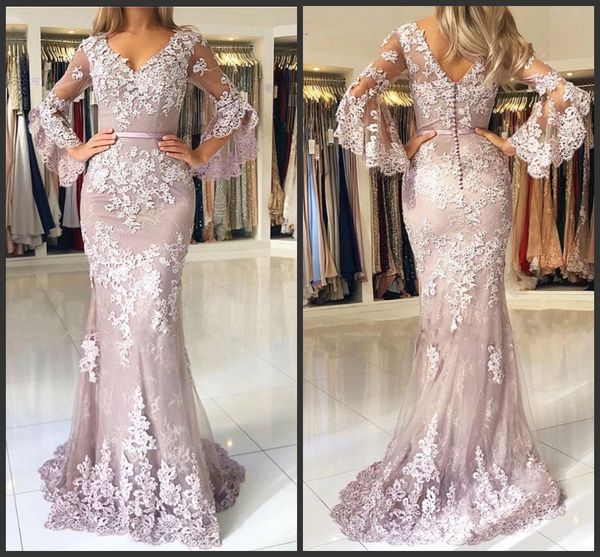 

новые длинным рукавом русалка вечерние платья v шеи шнурка appliqued выпускные платья поезд стреловидности новые формальное платье робы де s, Black;red