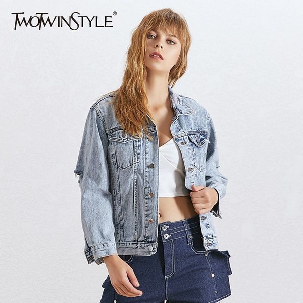 

twotwinstyle streetwear denim jacket for women lapel collar long sleeve ripped hole coat female fashion autumn clothing 2019, Black;brown