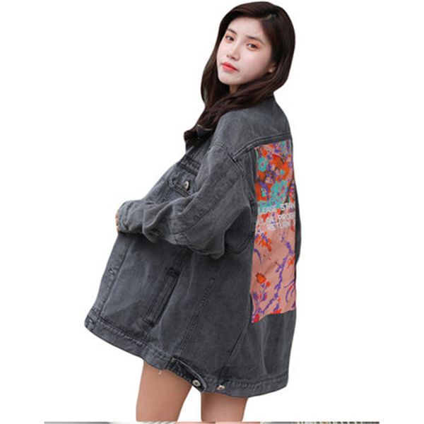 

2019 new college wind autumn winter print oversize denim jacket female loose bf windbreaker jeans coats women outerwear xa171, Tan;black