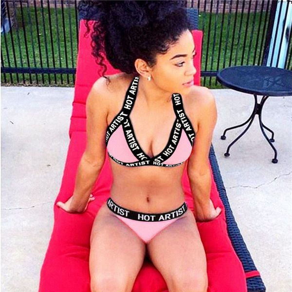 

2019 summer casual sports bodycon bodysuits letter print bra g-sting thong 2 pieces set bodysuits women romper jumpsuit, Black;white