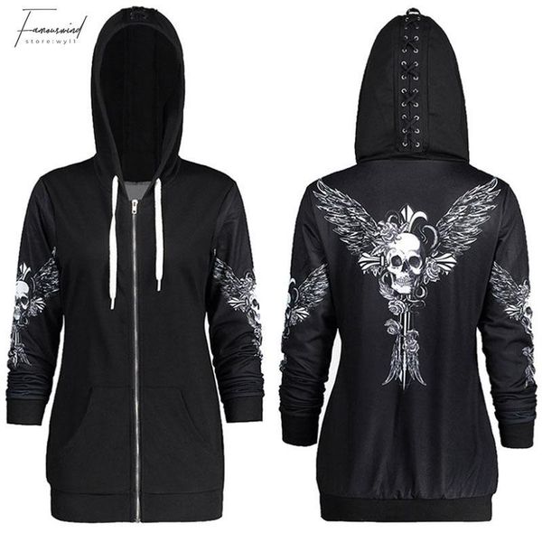 

1color 5 размера осень kpop одежда черной женщины толстовка толстовка с длинным рукавом punk skull wings печать с капюшоном курткой молнии п, Black