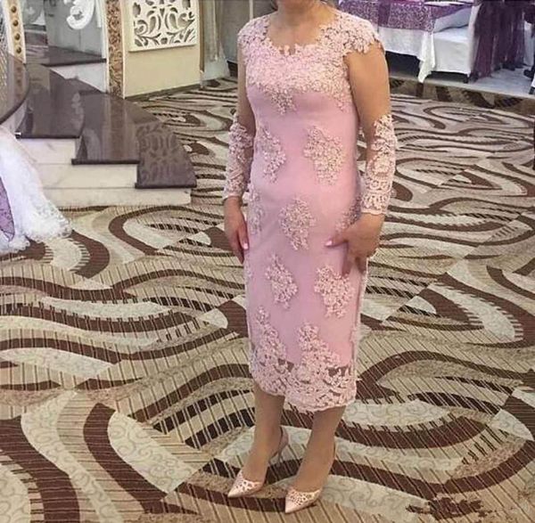 

new fashion pink mother of bride dresses long sleeves lace appliques sheath tea length wedding guest dress formal plus size mother dress, Black;red