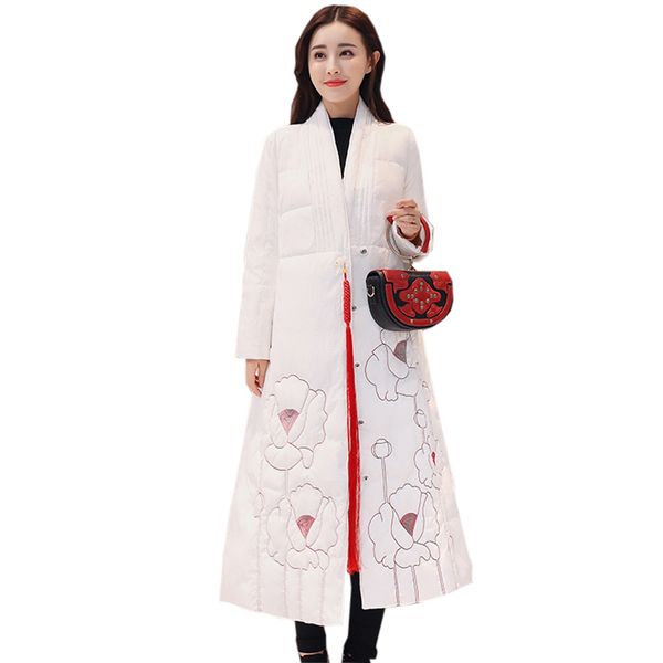 

2018 winter women long cotton coats vintage print flower v-neck cotton jacket autumn female casual down parkas yp2006, Black