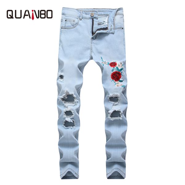 

8 colors mens ripped jeans 2019 new fashion embroidery rose men jeans light blue slim fit stretch denim pencil pants 42